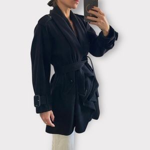 Burberry London cashmere virgin wool black draped trench coat jacket S M…